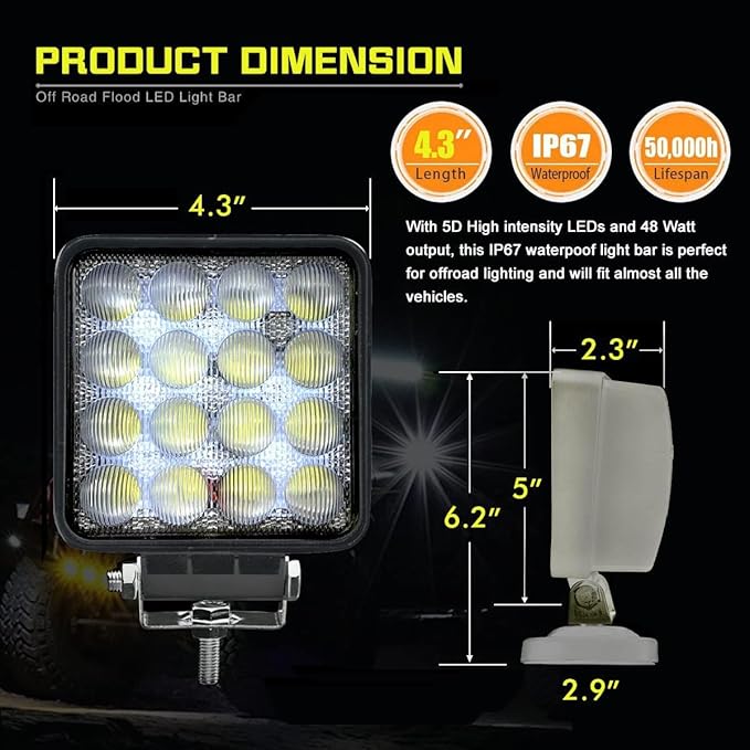 2PACK 48W LED Work Lights 12/24 Volt 5500LMS 4.3INCH Wide Ultra Bright Square