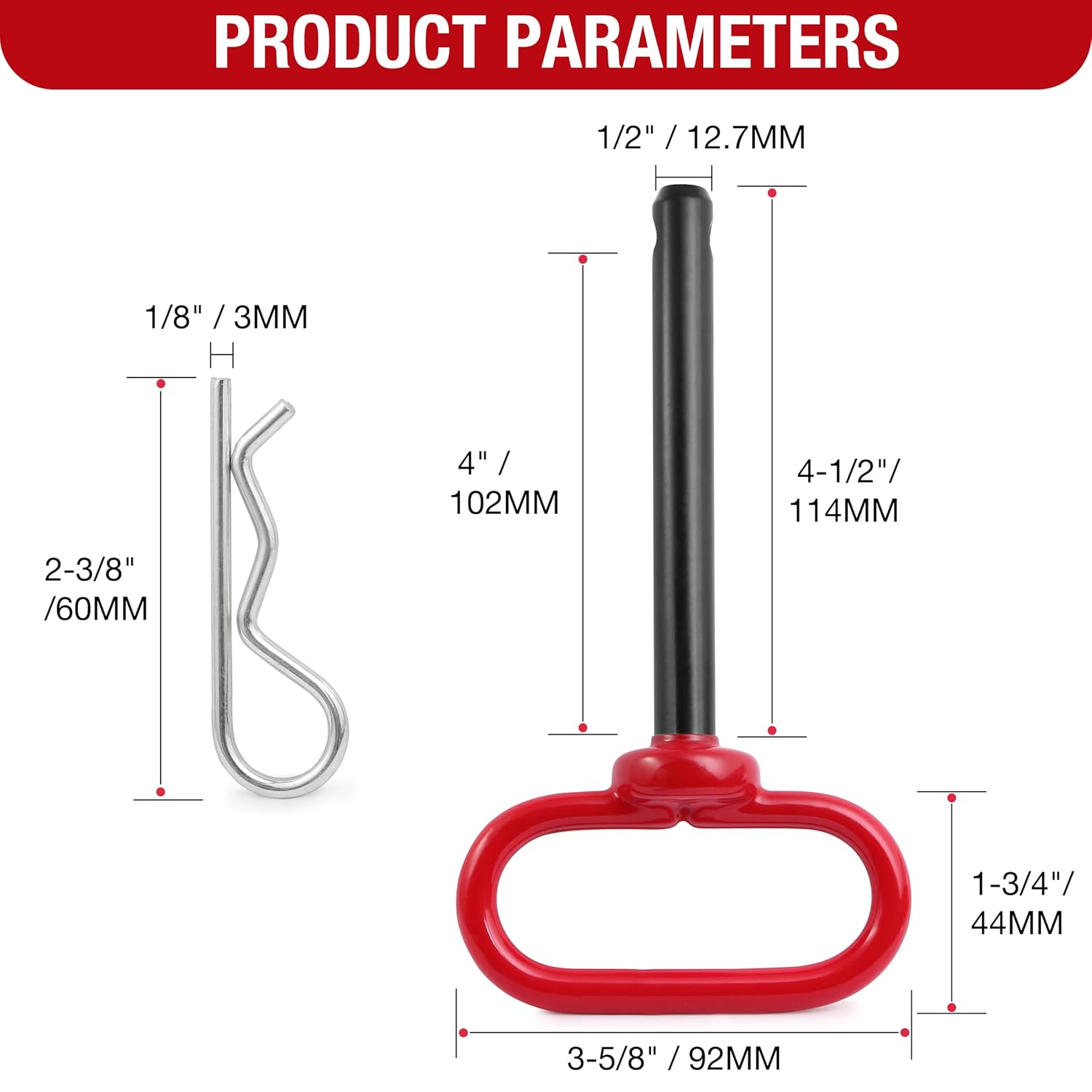 Trailer Hitch Pin, 1/2 x 4 Inch Tractor Hitch Pin with R-Clip Pin for Lawn Mower, Tractor, Trailer (Red)