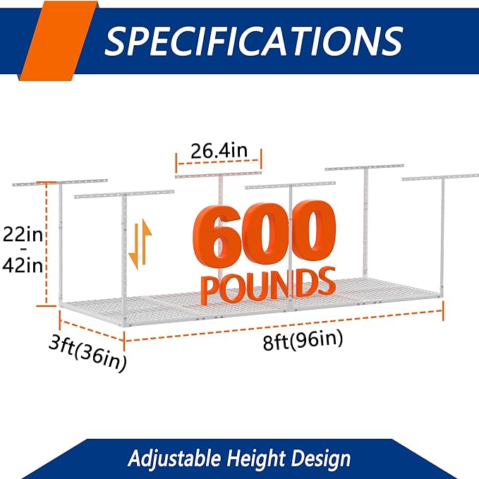 3 x 8FT Overhead Garage Storage Rack, Adjustable Ceiling Storage Racks - Image 2