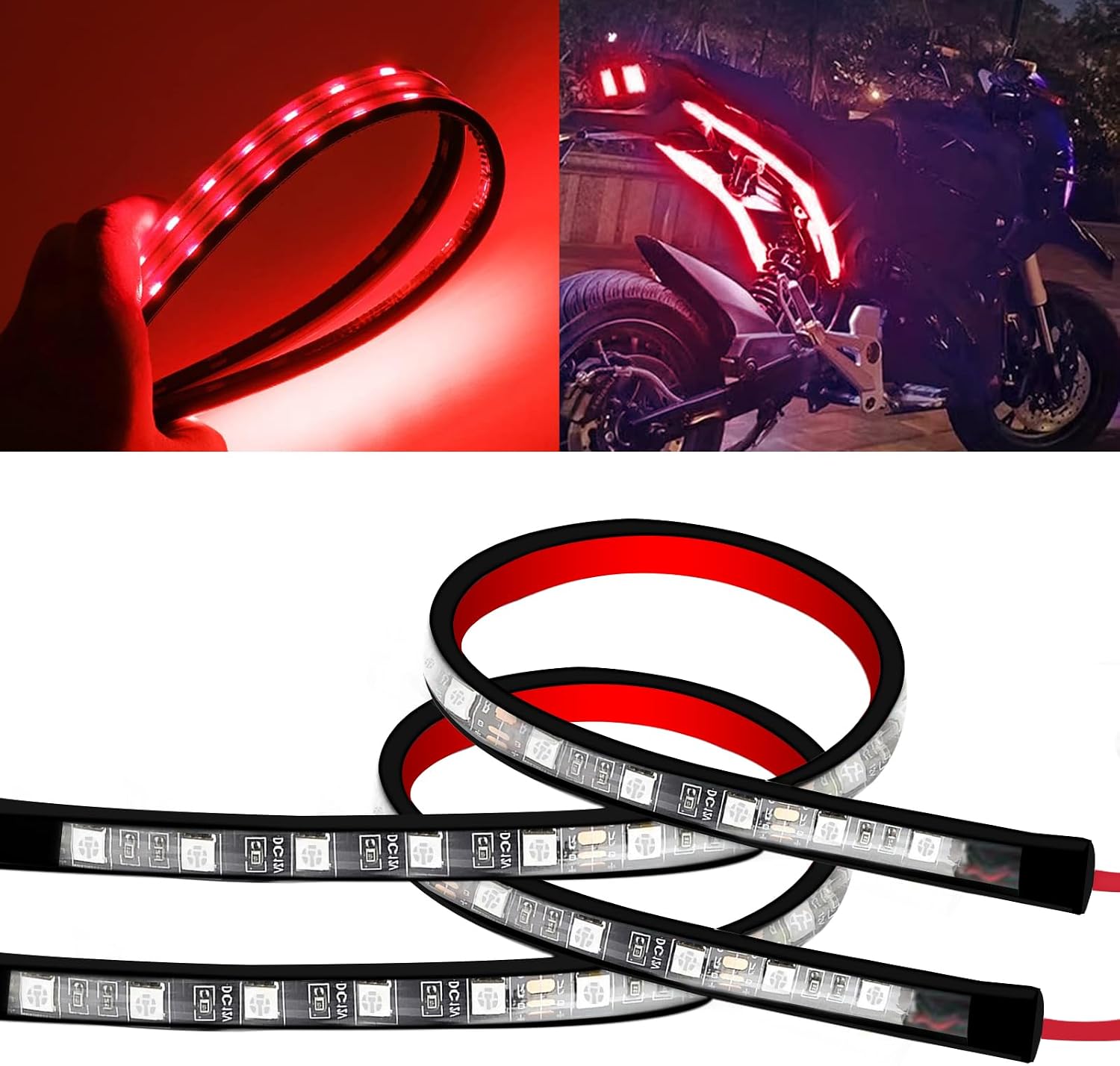 YONGMING 12 Volt Underglow Led Brake Light Strip, Tail Stop Turn Signal Flexible Led Light for Motorcycle Bike Car SUV RV Pack of 2 - Red