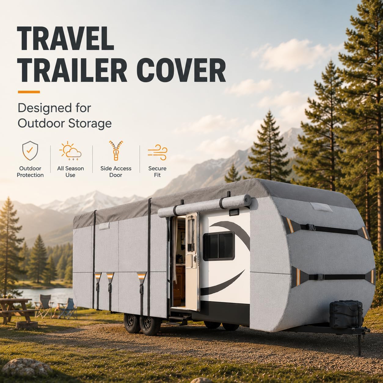 Travel Trailer RV Cover for Prime Time Tracer 355BHS 2022–2026, Nonwoven Fabric with Water Resistant Construction, Air Vents, Adjustable Straps for Outdoor Storage