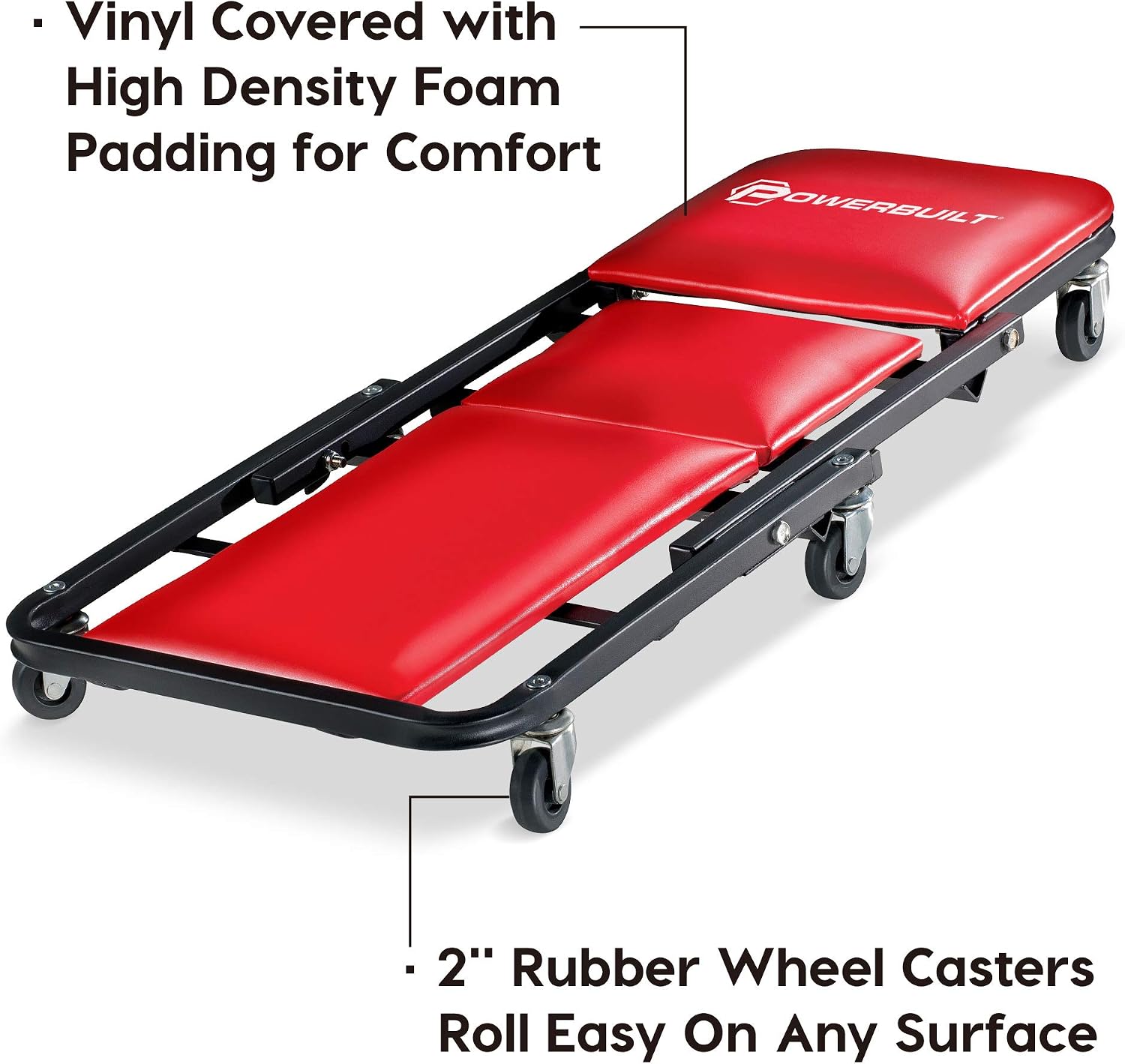 Powerbuilt 36 in. ZAG 2-in-1 Floor Creeper and Rolling Seat – Convertible Design with Padded Headrest, Durable Steel Frame, and Six 2 in. Casters for Easy Maneuvering – 620513