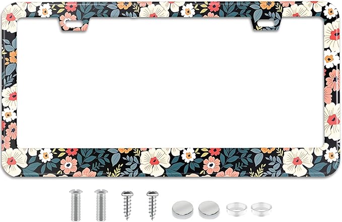 Folk Floral License Plate Frame Colorful Flowers Stainless Steel License Plate by TXWWXT