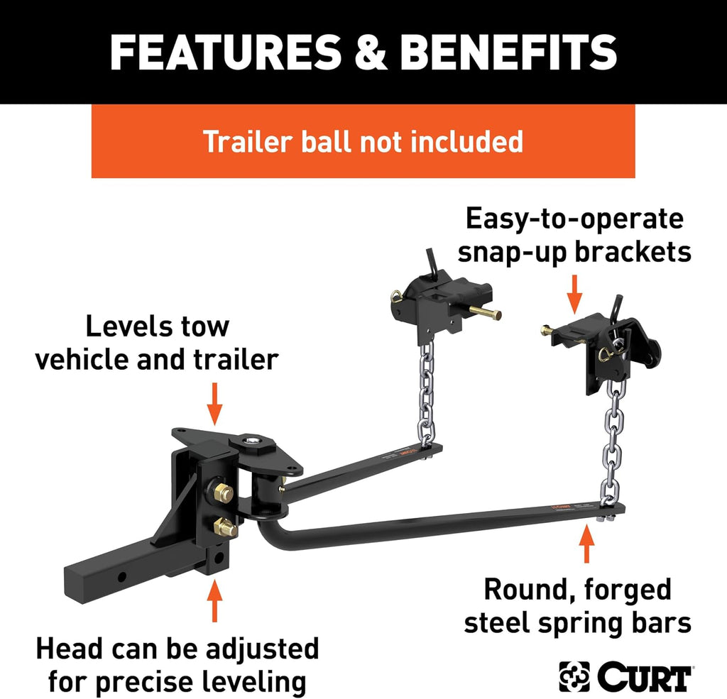 CURT 17051 MV Round Bar Weight Distribution Hitch, Up to 8,000 lbs., 2-Inch Shank