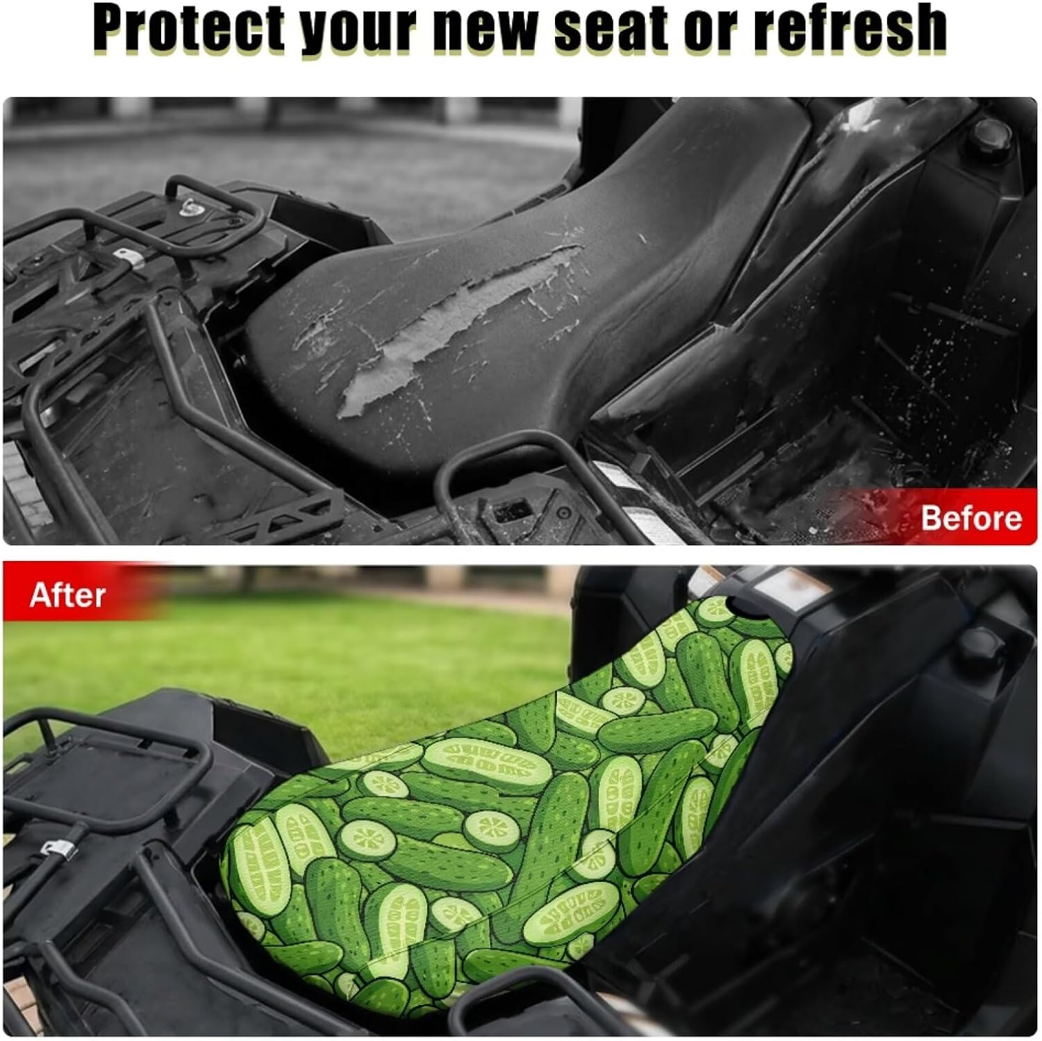 Cucumber Pickle ATV Seat Cover Easy to Install Four Wheeler Seat Cover Waterproof Material ATV Accessories Compatible with Most ATV for Sportsman, Rancher, Scrambler