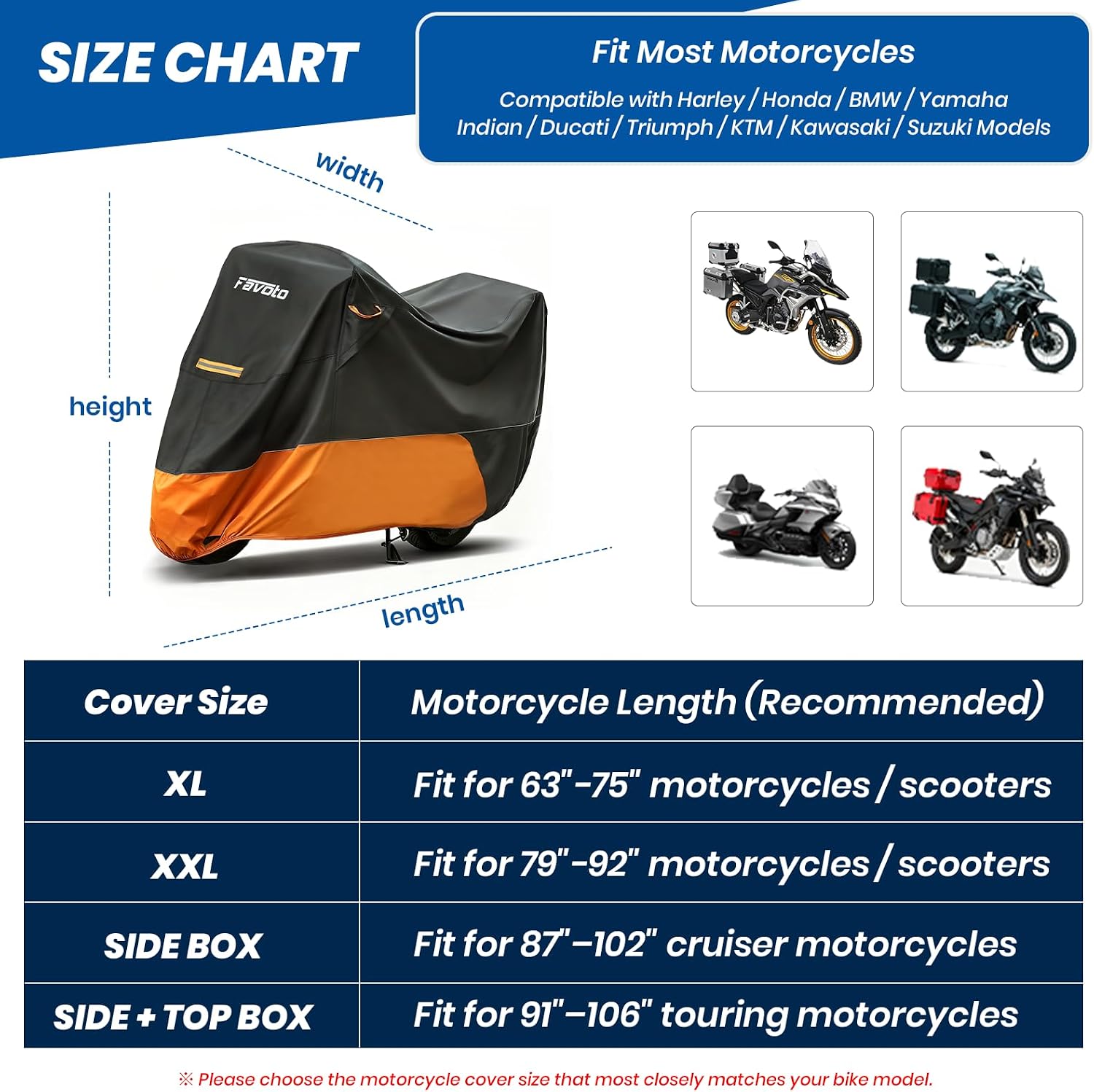 Favoto Motorcycle Cover for Harley Davidson Heavy Duty 420D Oxford | Touring Motorcycle Cover Waterproof Outdoor for Street Glide, Road Glide, Road King, Ultra Limited, CVO Fits up to 110"