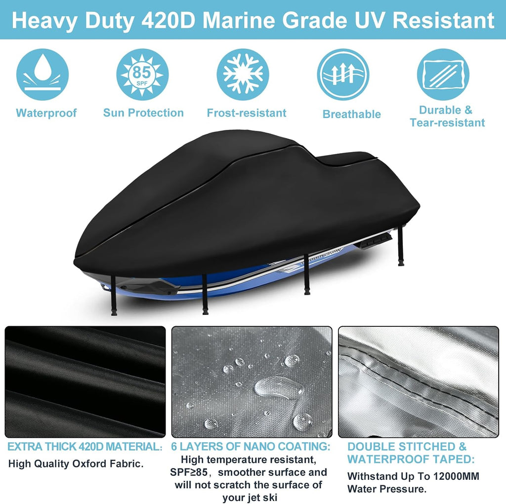 Jet Ski Cover 3 Seater, 420D Waterproof UV Resistant (115"-120") | Nano Coating, 4 Windproof Buckles, Dual Air Vents, Easy Install & Store, Outdoor Storage & Trailering