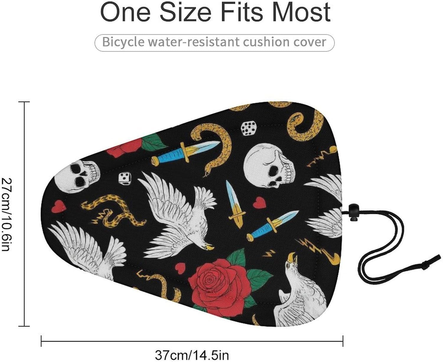 Cool Rock Wild Eagle Red Rose Skull Floral Bike Seat Cover Outdoor Cycling Class And Stationary Bikes Spin Bike, Waterproof Bike Cushion Saddle Protector with Adjustable Drawstring