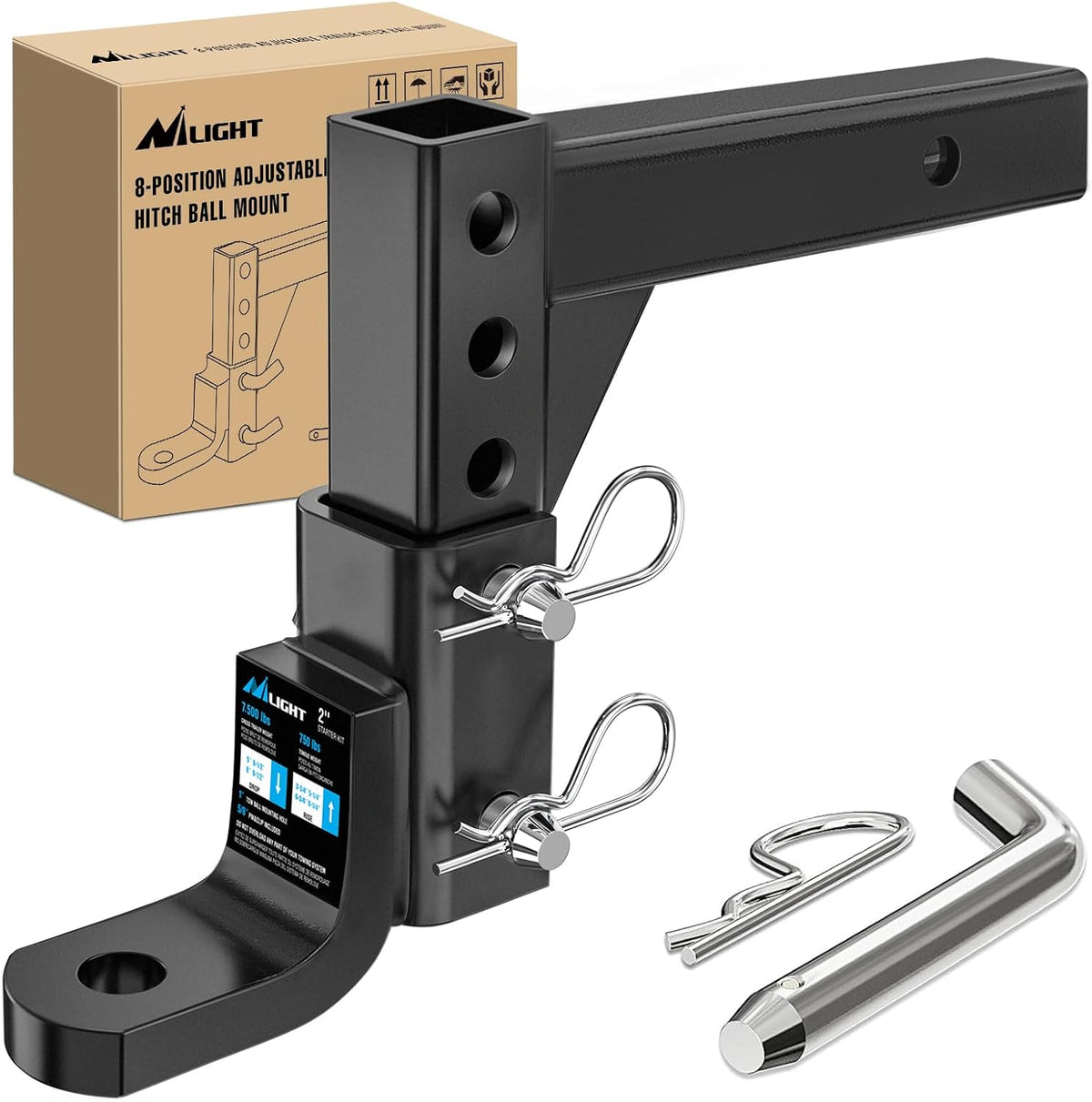 nilight 8-position adjustable trailer hitch ball mount fits, main product view