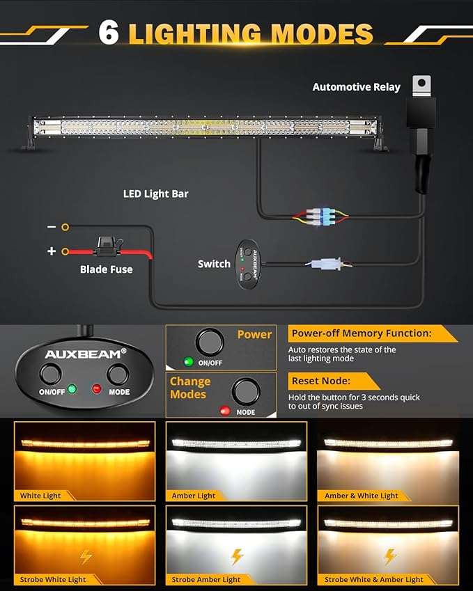 Auxbeam 42 Inch Curved LED Light Bar, 240W 6 Modes Amber White Strobe Fog Lights - Image 2