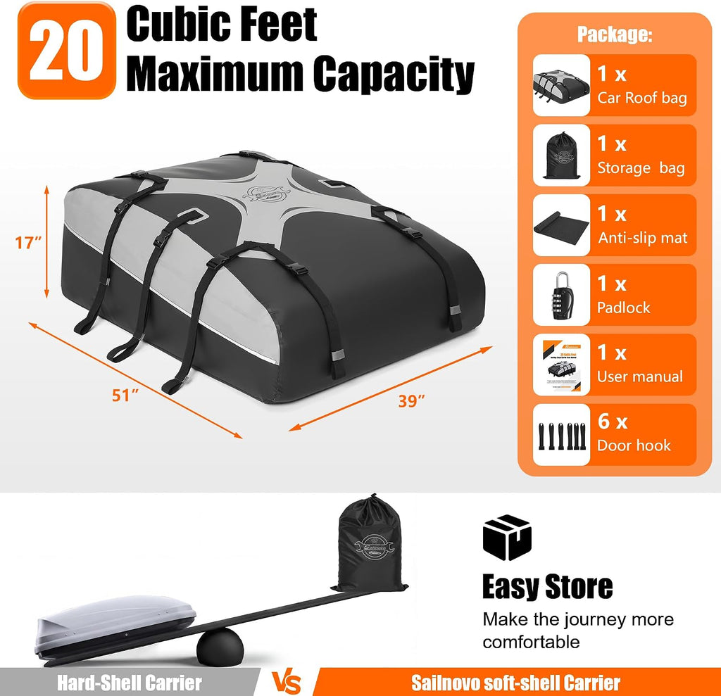 Sailnovo Car Rooftop Cargo Carrier Bag,20 Cubic feet Soft Waterproof Car Roof Bag with Strap,Anti-Slip Mat,Padlock,Foldable Car Top Carrier for Most Vehicles with/Without Rack (Black)