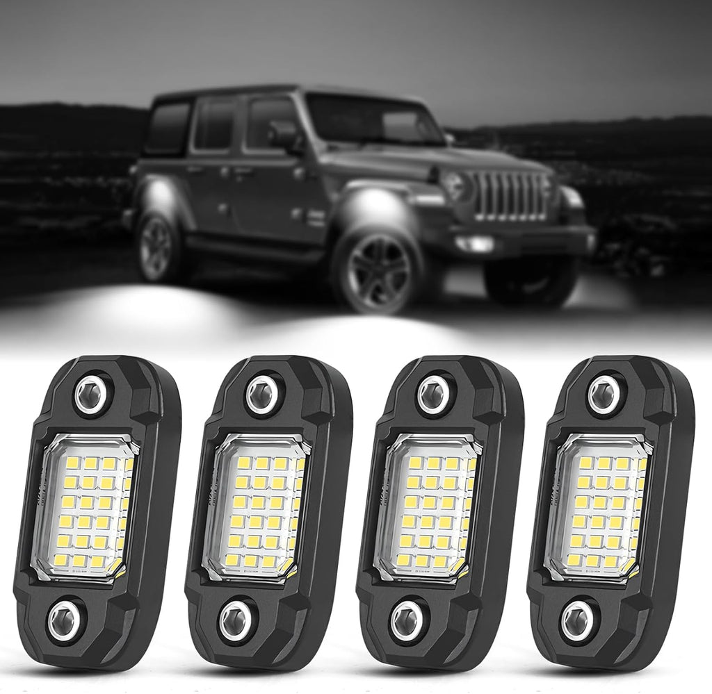 4 Pods White Rock Lights 24 LEDs Chips Waterproof Neon Trail Rig Lamp Underglow Light for Car Truck Motorcycle SUV ATV UTV (White)