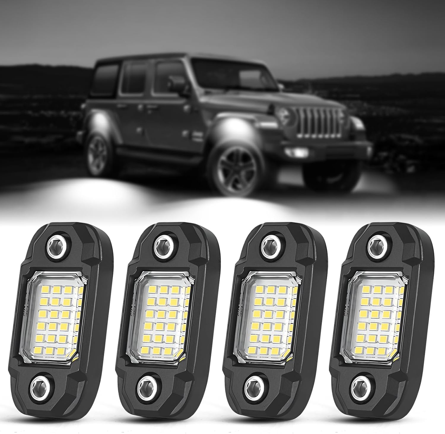 4 Pods White Rock Lights 24 LEDs Chips Waterproof Neon Trail Rig Lamp Underglow Light for Car Truck Motorcycle SUV ATV UTV (White)