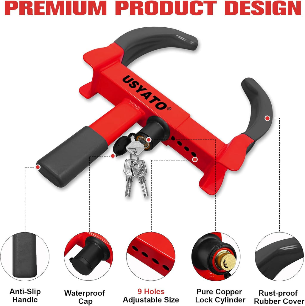 2Pcs Universal Heavy Duty Wheel Lock - Anti Theft Trailer Lock & Car Boot, Adjustable Security Tire 11.4" for Trailers, Cars, Golf Cart, ATV, SUV, RV, Boat, Camper, Motorcycle,6 Keys,Red+Black