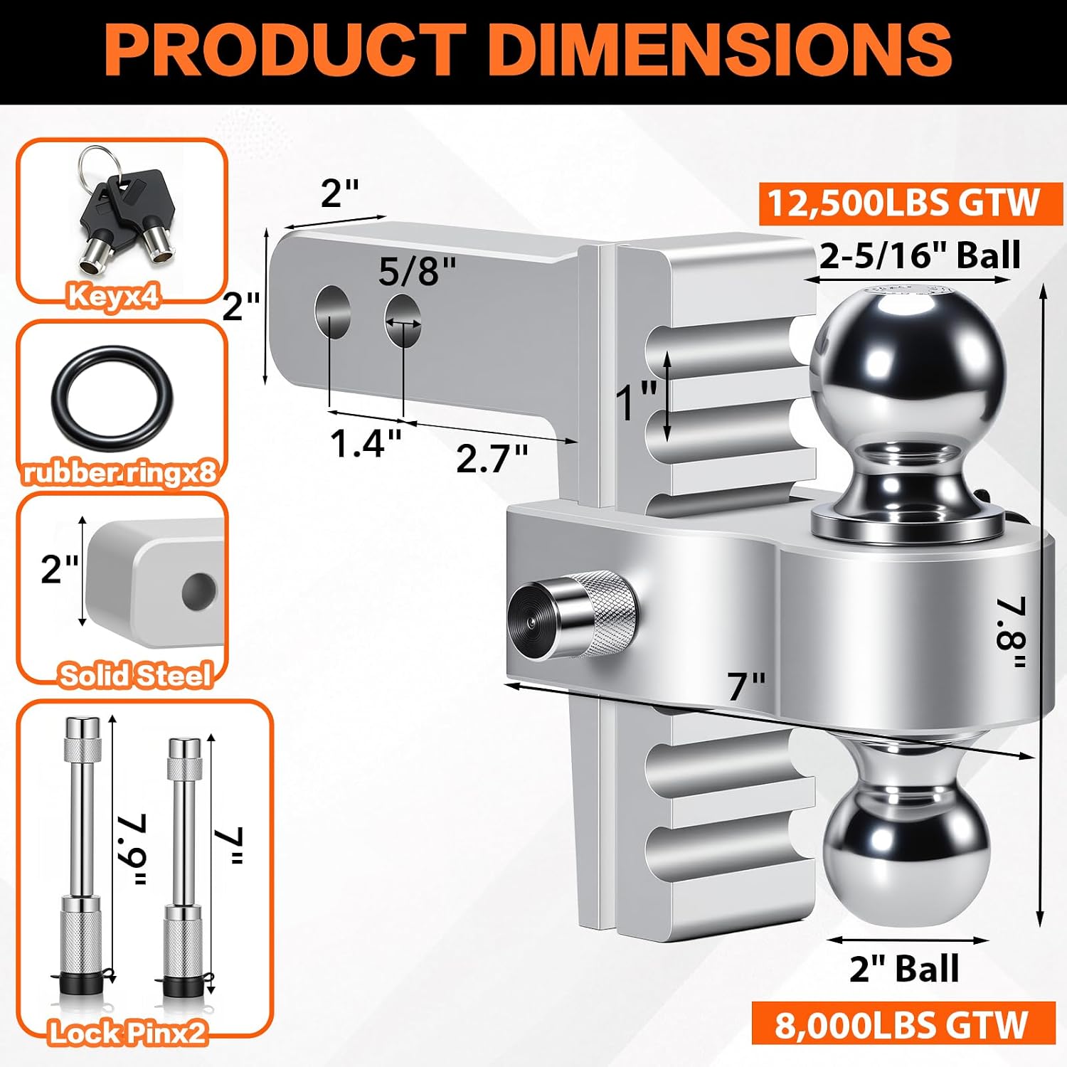 Aircraft Aluminum Adjustable Trailer Hitch for 2 Inch Receiver, Tow Dual Ball 2'' & 2-5/16'' Towing Weight 12,500 LBS, 6'' Drop/Rise, Lightweight/Anti Rust Anti Rattle, Bulletproof Lock Pin