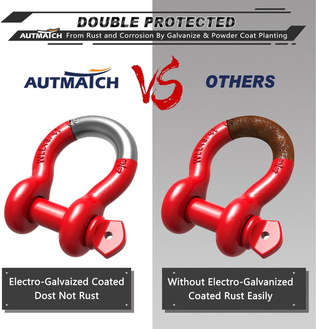 AUTMATCH D Ring Shackle 3/4" Shackles (2 Pack) 41,887Ibs Break Strength - Clevis Shackles with 7/8" Screw Pin and Shackle Isolator Washers Kit for Tow Strap Winch Off Road Vehicle Recovery, Red