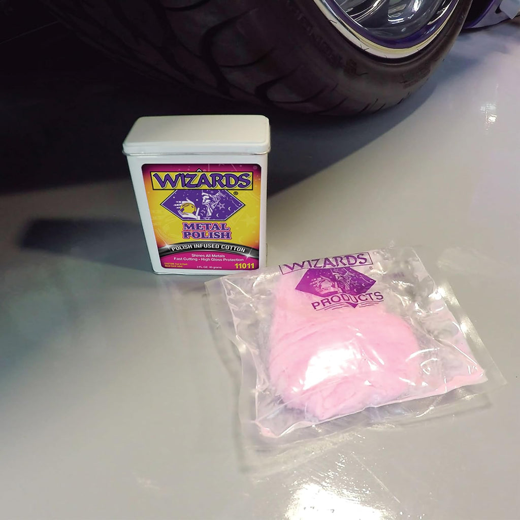 Wizards Metal Polish 3 oz - Polish-Infused Cotton Brightener for Chrome Cleaner and Polished Aluminum, Brass, Nickel, Stainless Steel, Coated Wheels, and Motorcycle Restoration, Trusted Since 1986