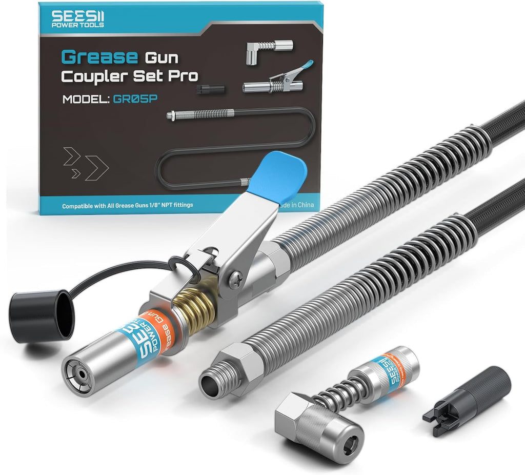Seesii Grease Gun Accessory Kit Pro, 12000 PSI Quick-Release Coupler, 90 Degree Coupler Adapter, 39.4” Dual-Spring Long Flex Hose, Zerk Fitting Cleaning Tool, Compatible with All Grease Guns, GR05P
