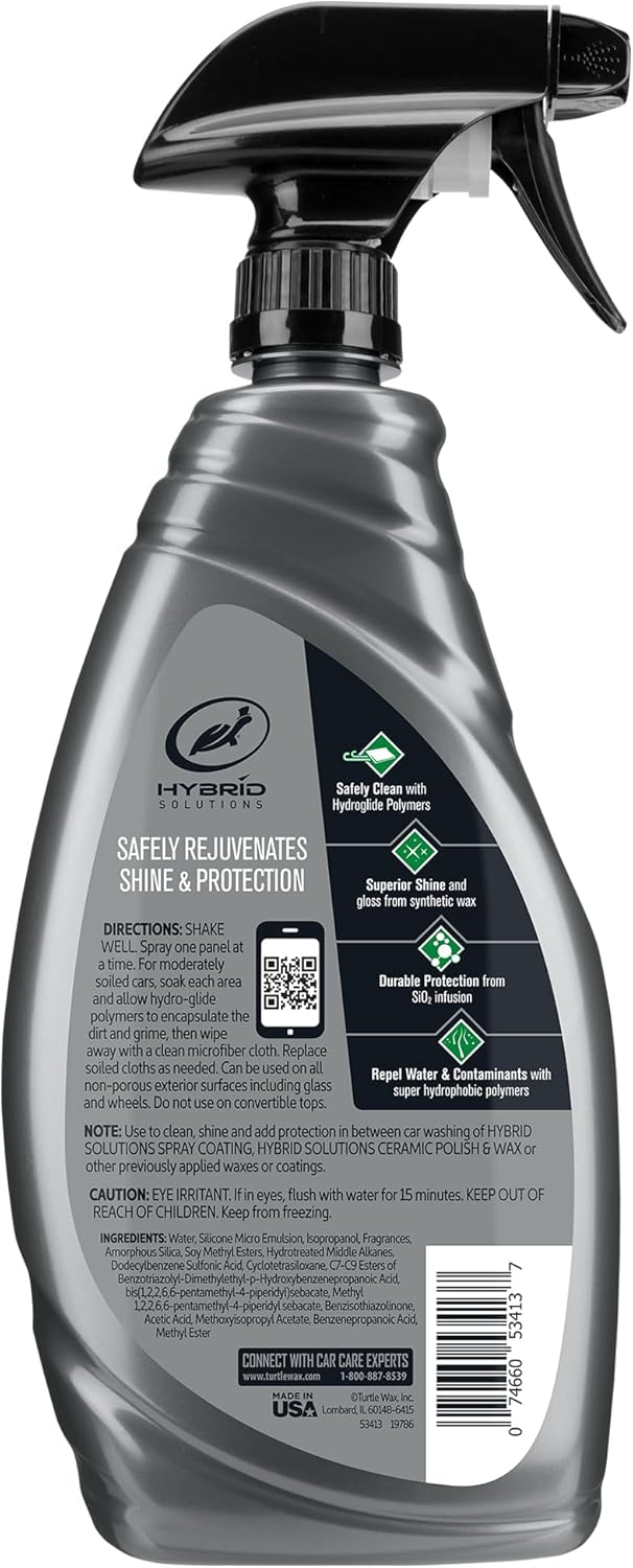 Turtle Wax Hybrid Solutions Ceramic 3-in-1 Car Detailer, Waterless Car Wash, Long-lasting HydrophobicWax Protection and High Gloss Shine, Safe For All Exterior Surfaces, 32 oz (Pack of 1)