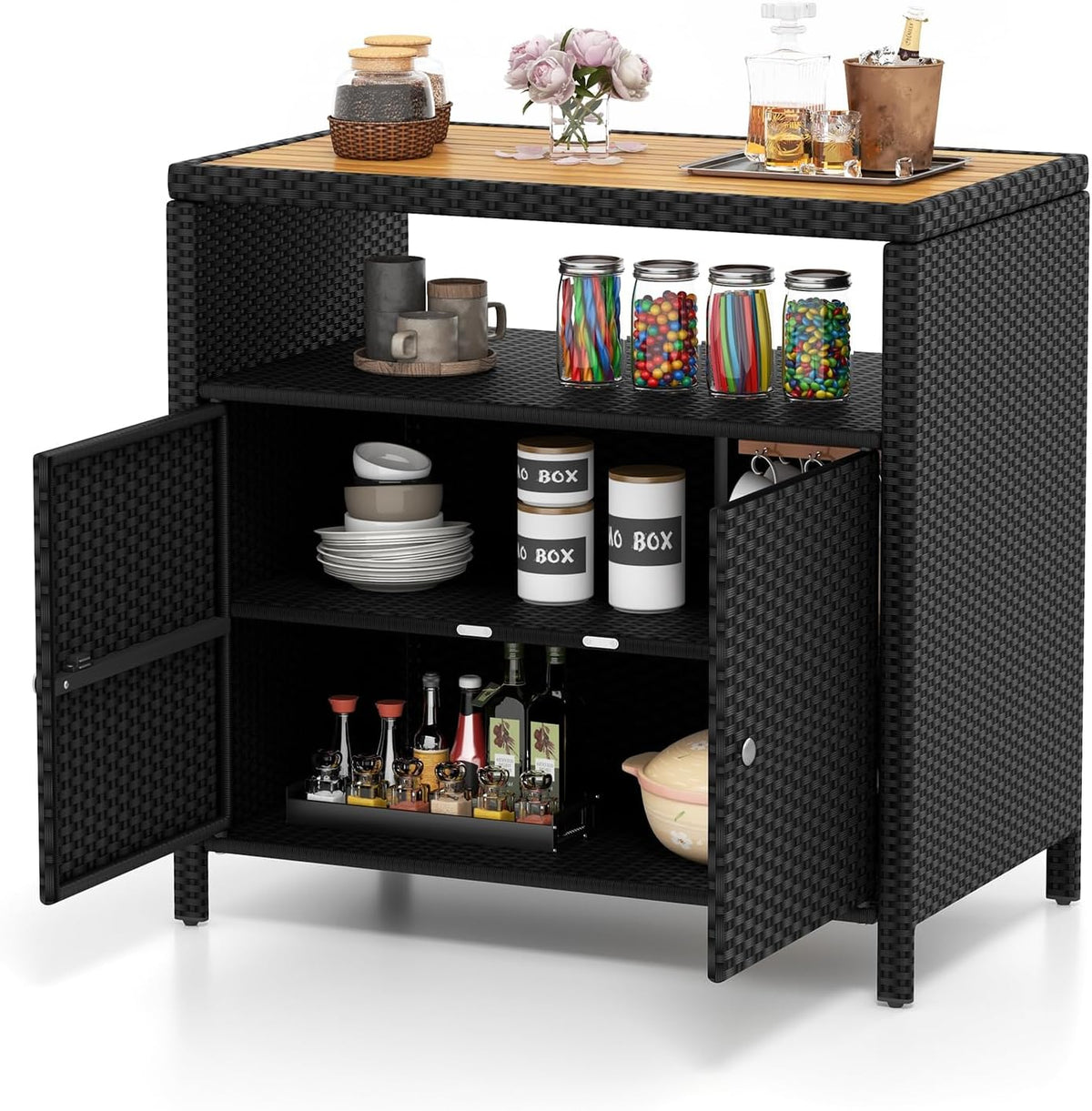 tangkula rattan outdoor storage cabinet, patiojoy outdoor cabinet shown in use
