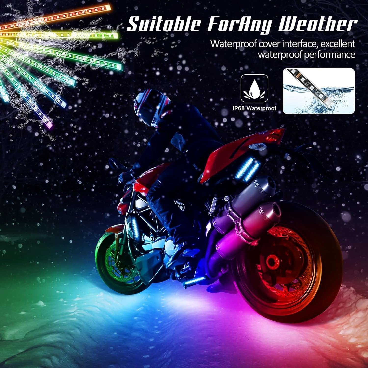 4 Pcs Motorcycle LED Light Kits, App Control Multicolor Waterproof Motorcycle LED Strip Lights, Music Sync & Multiple Scene Modes RGB LED Lights for Motorcycles, DC 12V