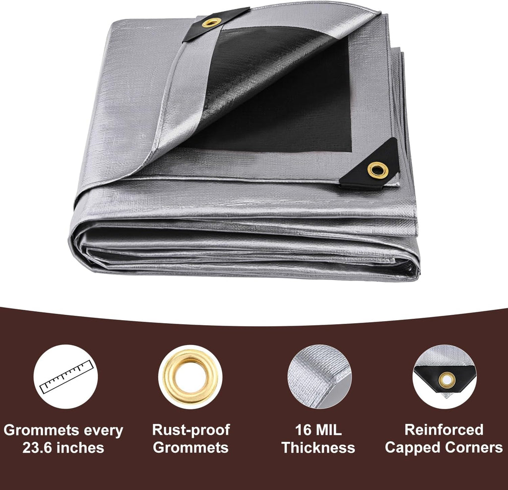 Sunvigor Tarp Waterproof 8x10Ft, Extra Thick 16 Mil Heavy Duty Tarp Cover, Tear & Fade Resistant, Outdoor Tarps with Brass Grommets and Reinforced Edges for Roof, Camping, Patio, Boat (Silver/Black)