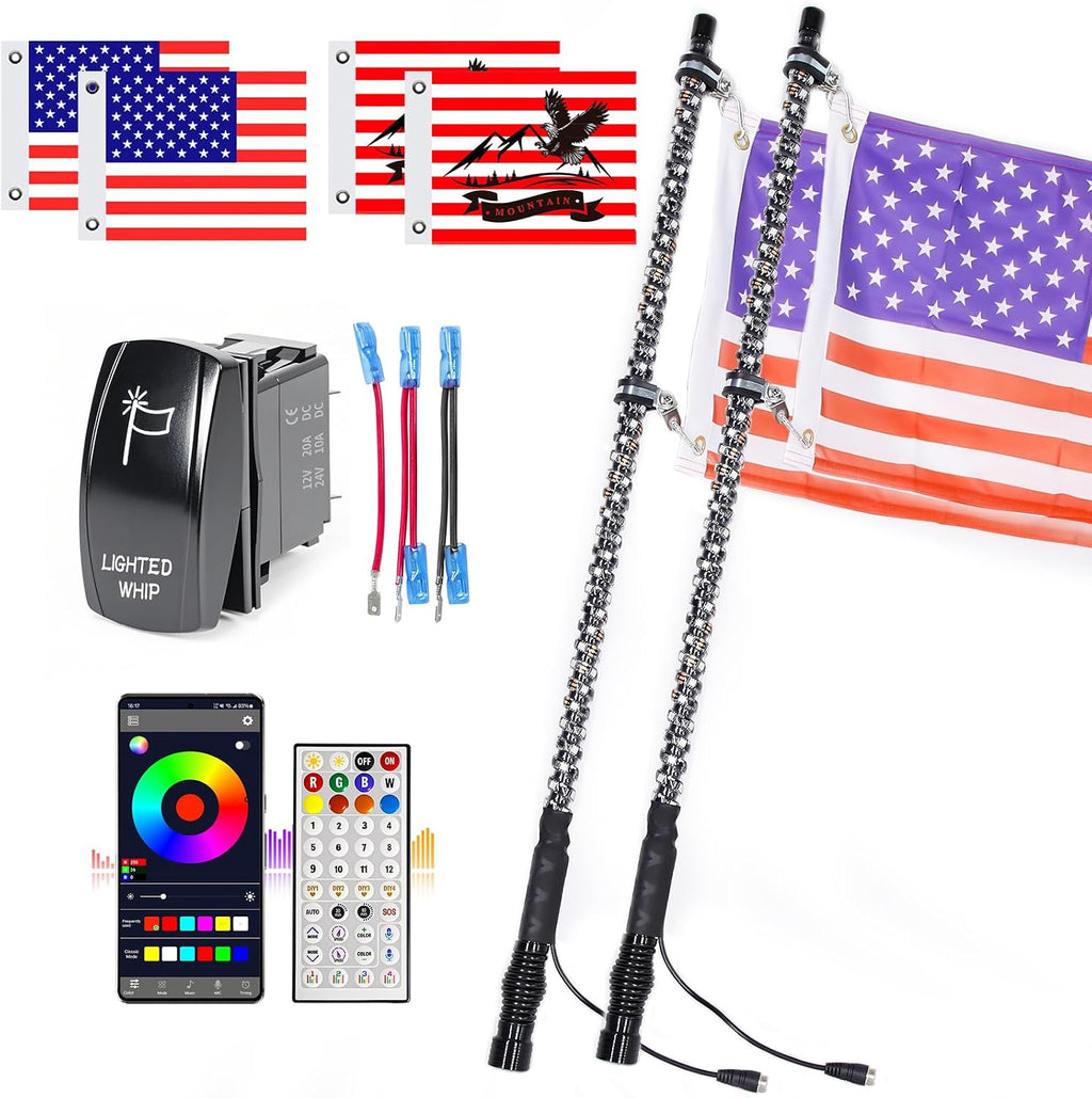UNI-SHINE 2PCS 3FT LED Whip Lights with Spring Base Spiral RGB Chasing Lights with APP & Remote Control, Music Antenna Whip Light for Can-Am UTV ATV RZR Can-Am SXS Polaris Offroad Truck