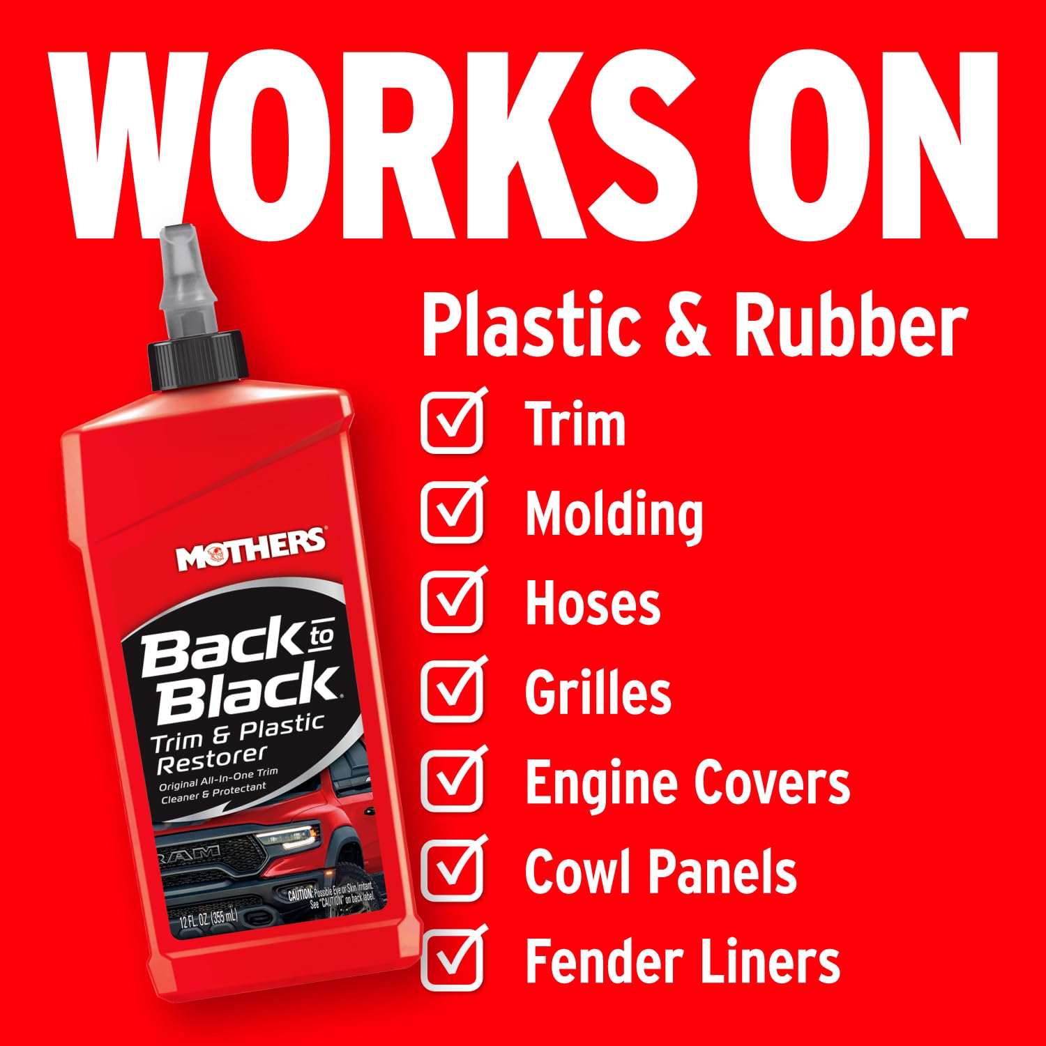 Mothers Back-to-Black Trim & Plastic Restorer, 12 oz. (06112) | Removes Oxidation, Dirt & Wax Residue – Restores Faded Trim & Provides Long-Lasting Protection