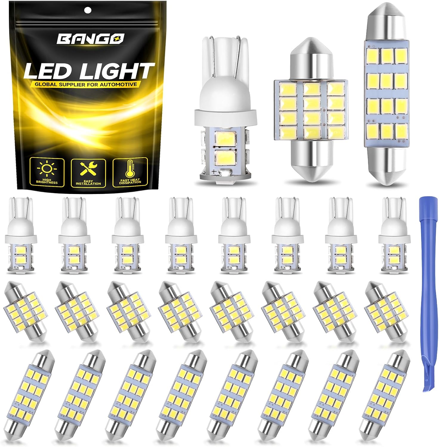 BANGO 24-Piece Interior Car Lights LED Bulb Kit, Non-Polarity Design with Removal Tool for Car Dome Map License Plate Door Trunk, Fits 194 T10 DE3175 578 - White