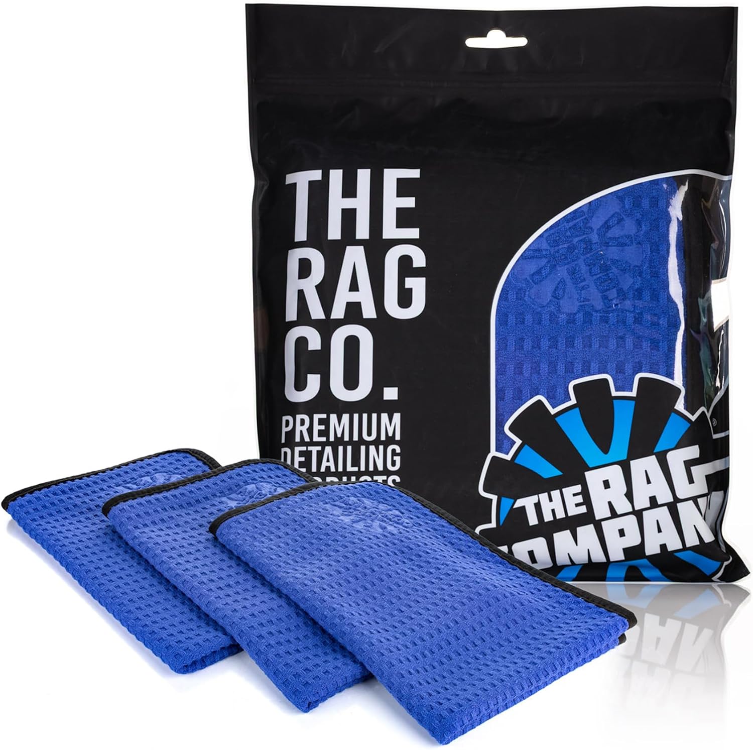 The Rag Company Dry Me A River, Professional Korean 70/30 Blend Microfiber Waffle-Weave Drying & Detailing Towels, Soft Suede Edges, 390 GSM, 16x24 Inches, Royal Blue, 3-Pack