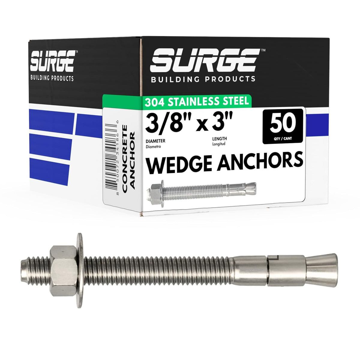3/8" x 3" 304 stainless steel wedge anchors, main product view