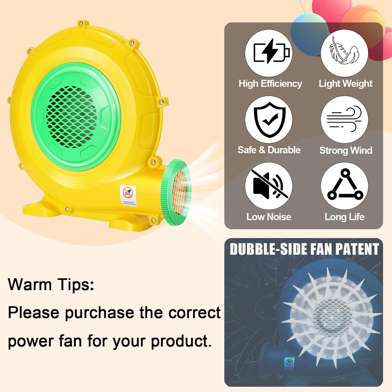 Bounce House Blower, 550W/0.73HP Commercial Air Blower with Double-Sided Fan Blade Design, Strong Wind and Great Heat Dissipation Properties for Bouncy Castle, Jump Slides, Arch, Inflatables