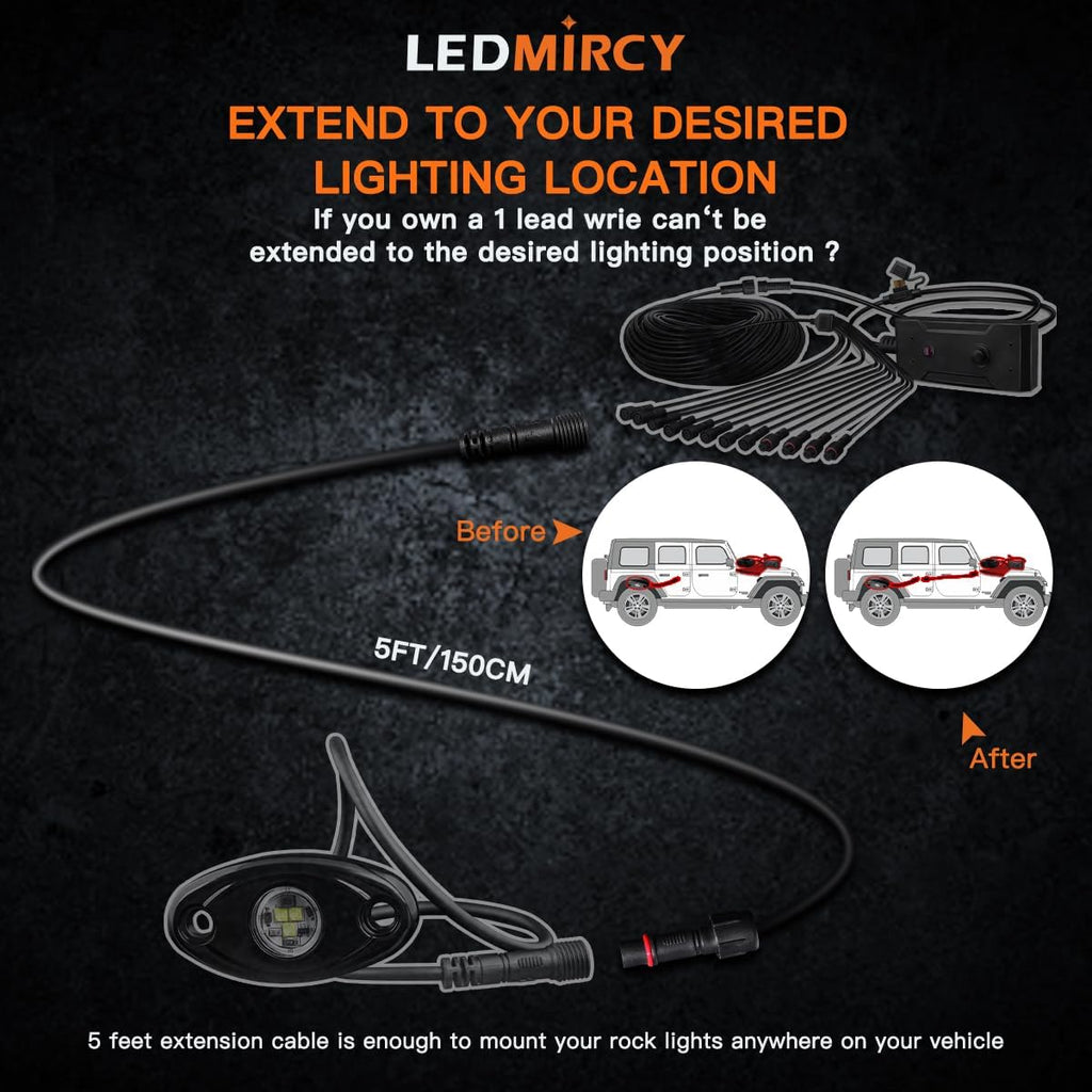 LEDMIRCY LED Rock Lights Extension Cable 2 Pins Wire Connectors 6PCS 5ft 22AWG Female Male Waterproof Extension Cable 11mm Nut Small Size for LED Strip Light Driving Fog Lights(Only for Single Color)