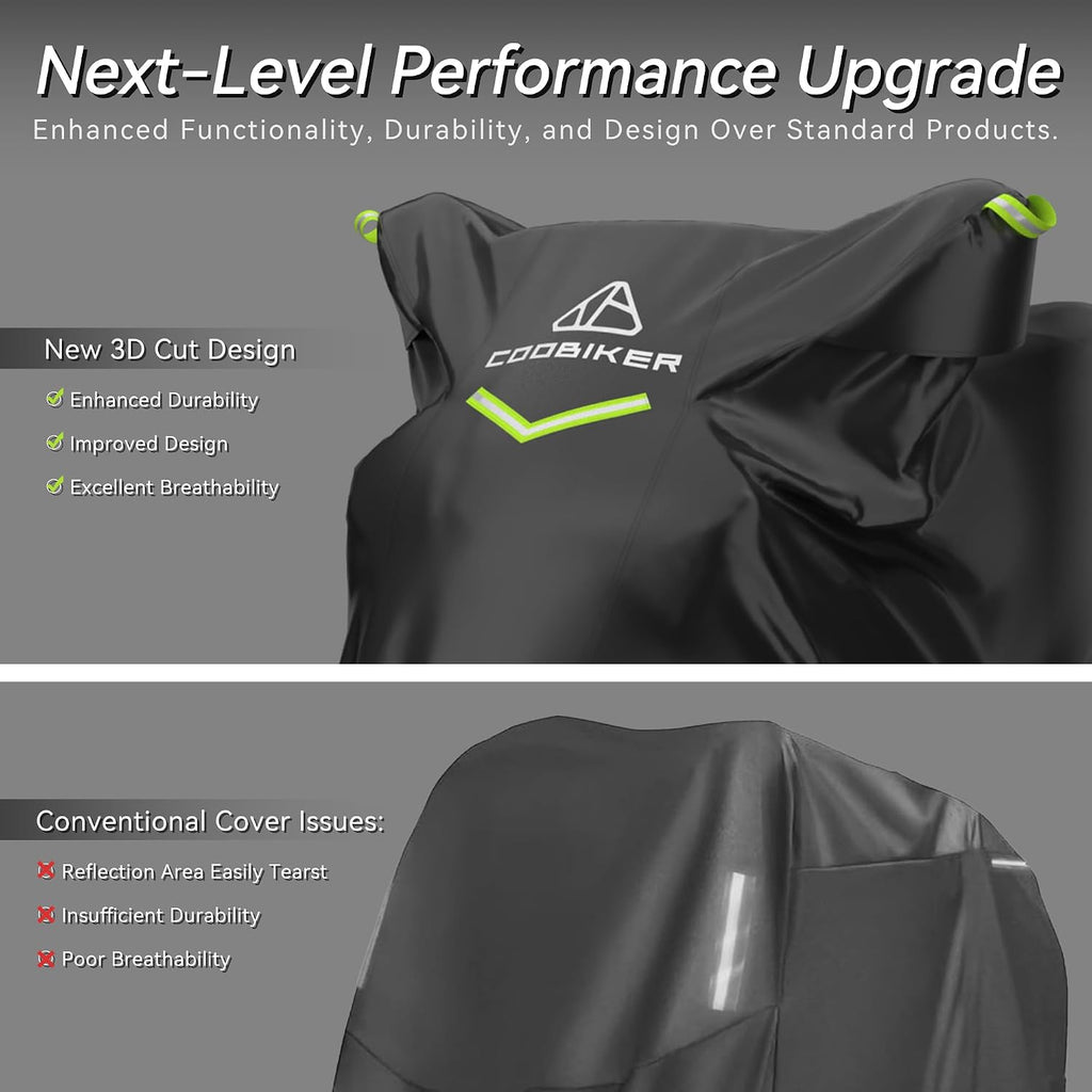 Motorcycle Cover 300D Waterproof Outdoor Night Reflective Breathable Vents All Season Rain Sun Dust Protection Universal Fit Powersports Vehicle Cover with Lock-Holes Fits up to 96.5"