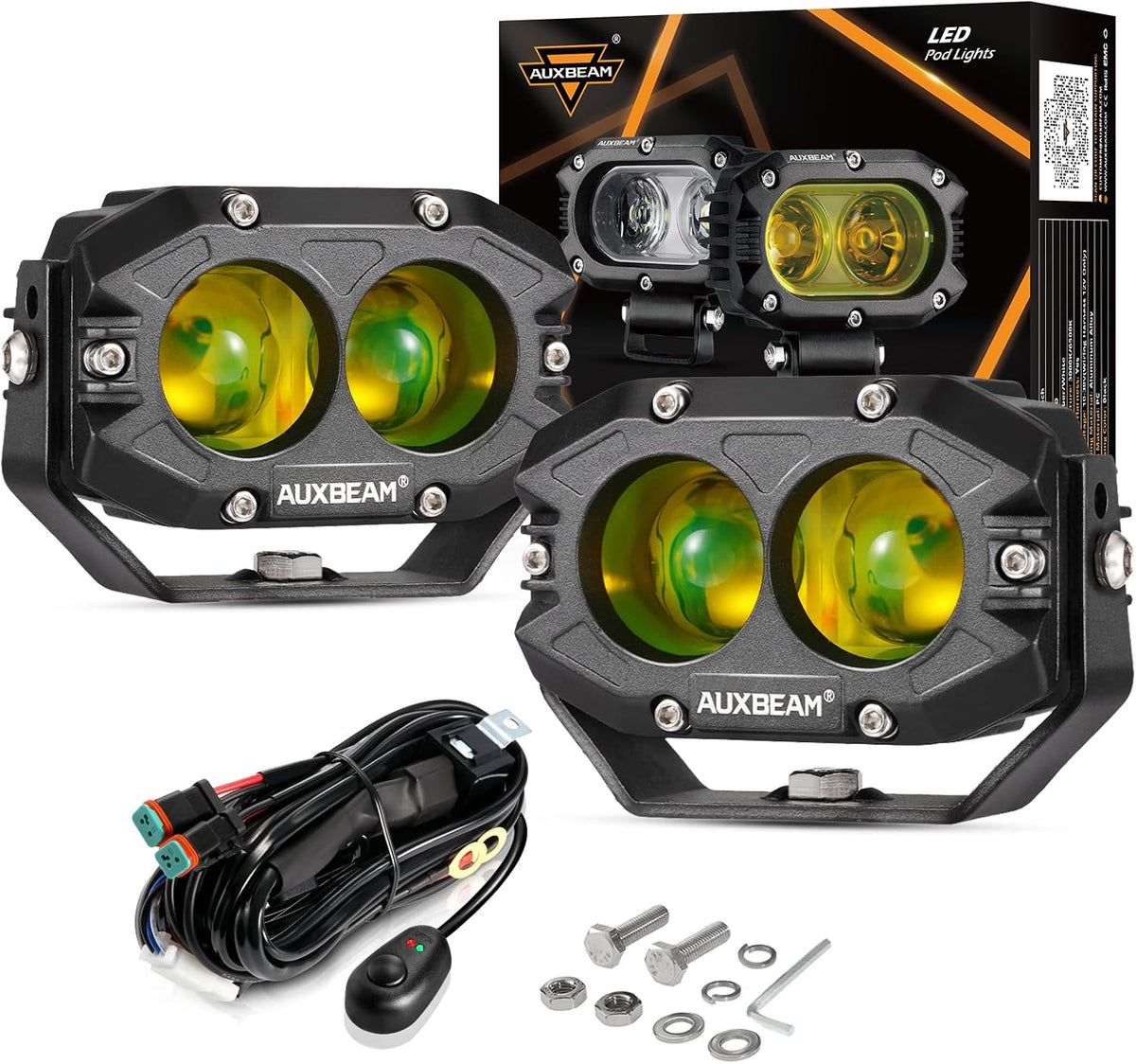 auxbeam 4 inch amber fog lights, 60w square, main product view