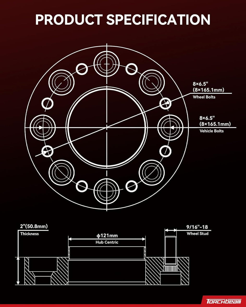 Torchbeam 8x6.5 Hub Centric Wheel Spacer 2 inch for 2500,Ram 2500,F-250,3500,Ram 1500,Ram 3500,F-350,E-350 Super Duty,121mm Center Bore & 9/16" x18 Stud, 4 Pcs Spacers,Silver