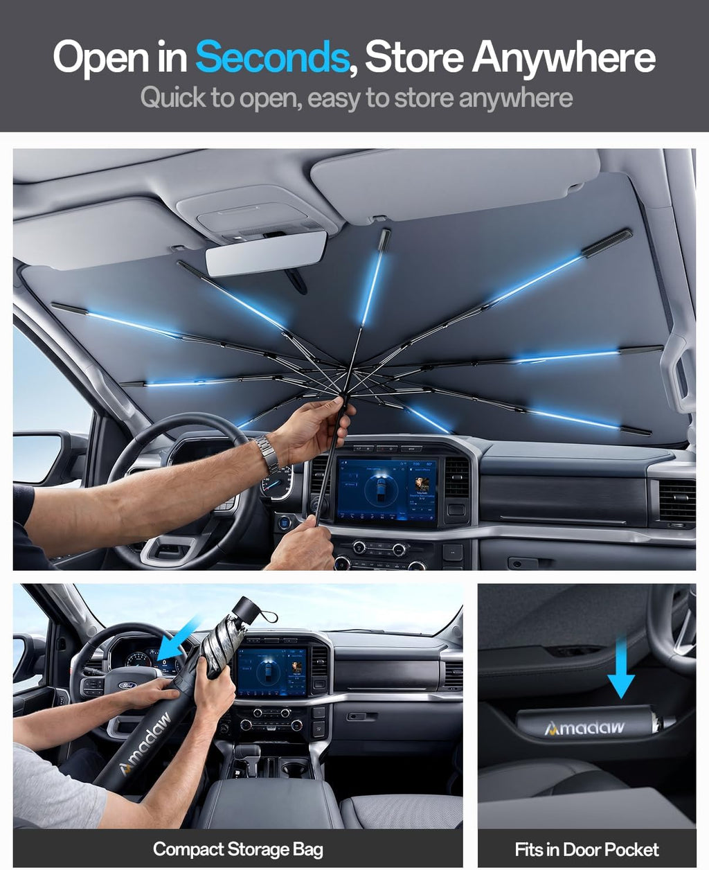 Truck Windshield Sun Shade for Ford F150 2015–2026, Foldable Umbrella Sunshade with 100% UV Block, Multi-Layer Heat Insulation, Reinforced 10-Rib Frame, Summer Car Accessory, Silver