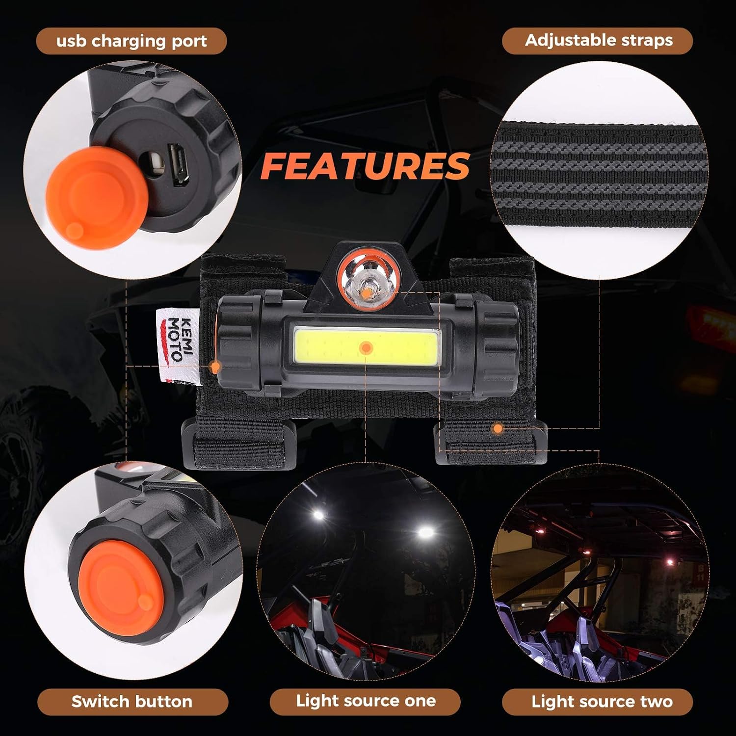 KEMIMOTO UTV Dome Light Roll Bar Cage Mount USB Rechargeable 1-Pack | UTV Interior Lights Two Light Modes Compatible with Polaris RZR Can Am X3 ATV Golf Cart Boat for 1.5 in-2.0 in Roll Cage
