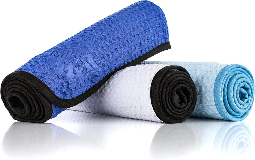 The Rag Company Dry Me A River, Professional Korean 70/30 Blend Microfiber Waffle-Weave Drying & Detailing Towels, Soft Suede Edges, 390 GSM, 16x24 Inches, Royal Blue, 3-Pack