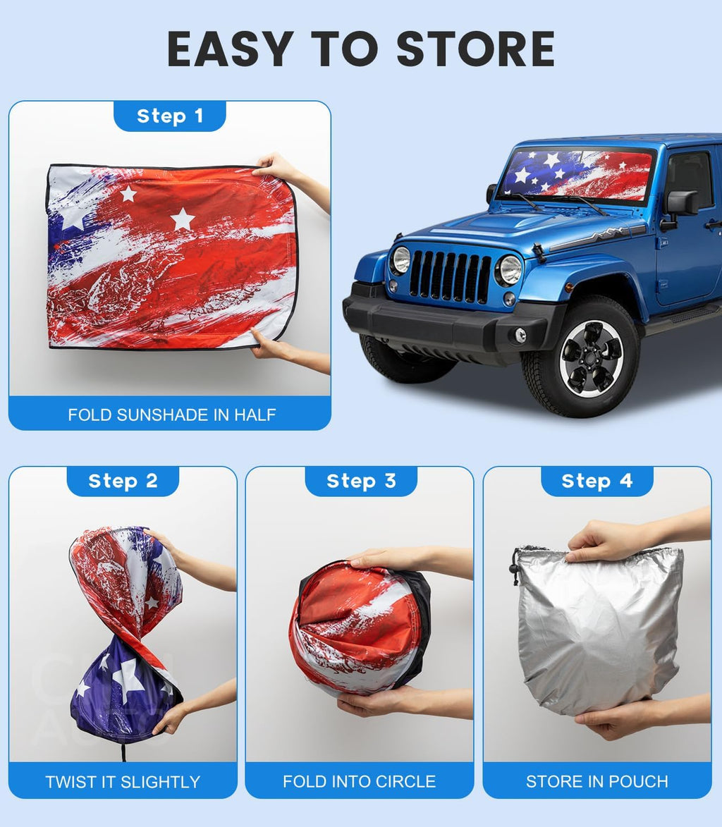 Shade Heat Shield for Jeep Wrangler Windshield Sun Shade,Art USA Flag Sunshade Compatible with Jeep Wrangler Tj Jk Jl Jku Jlu &Gladiator Jt Foldable Windshield Sun Visor Blocks UV Rays 1997-2025