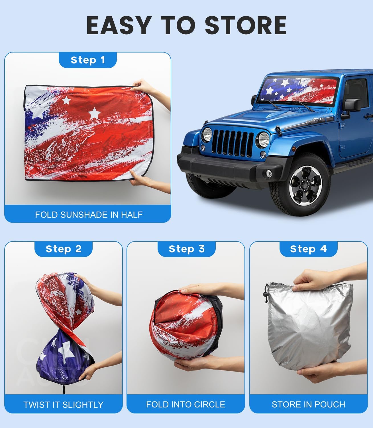 Shade Heat Shield for Jeep Wrangler Windshield Sun Shade,Art USA Flag Sunshade Compatible with Jeep Wrangler Tj Jk Jl Jku Jlu &Gladiator Jt Foldable Windshield Sun Visor Blocks UV Rays 1997-2025