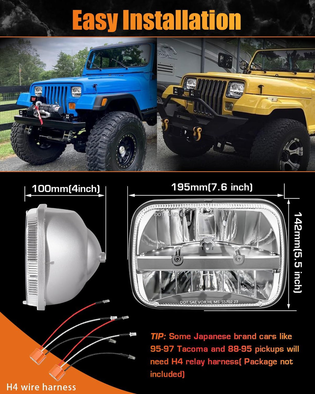UNI-SHINE 5x7 Chrome led headlight 2pcs 7x6 led headlight Reflector Plug and Play H6054 H5054 Hi/Lo Sealed Beam DOT Approved Compatible with jeep Wrangler YJ Compatible with Cherokee XJ