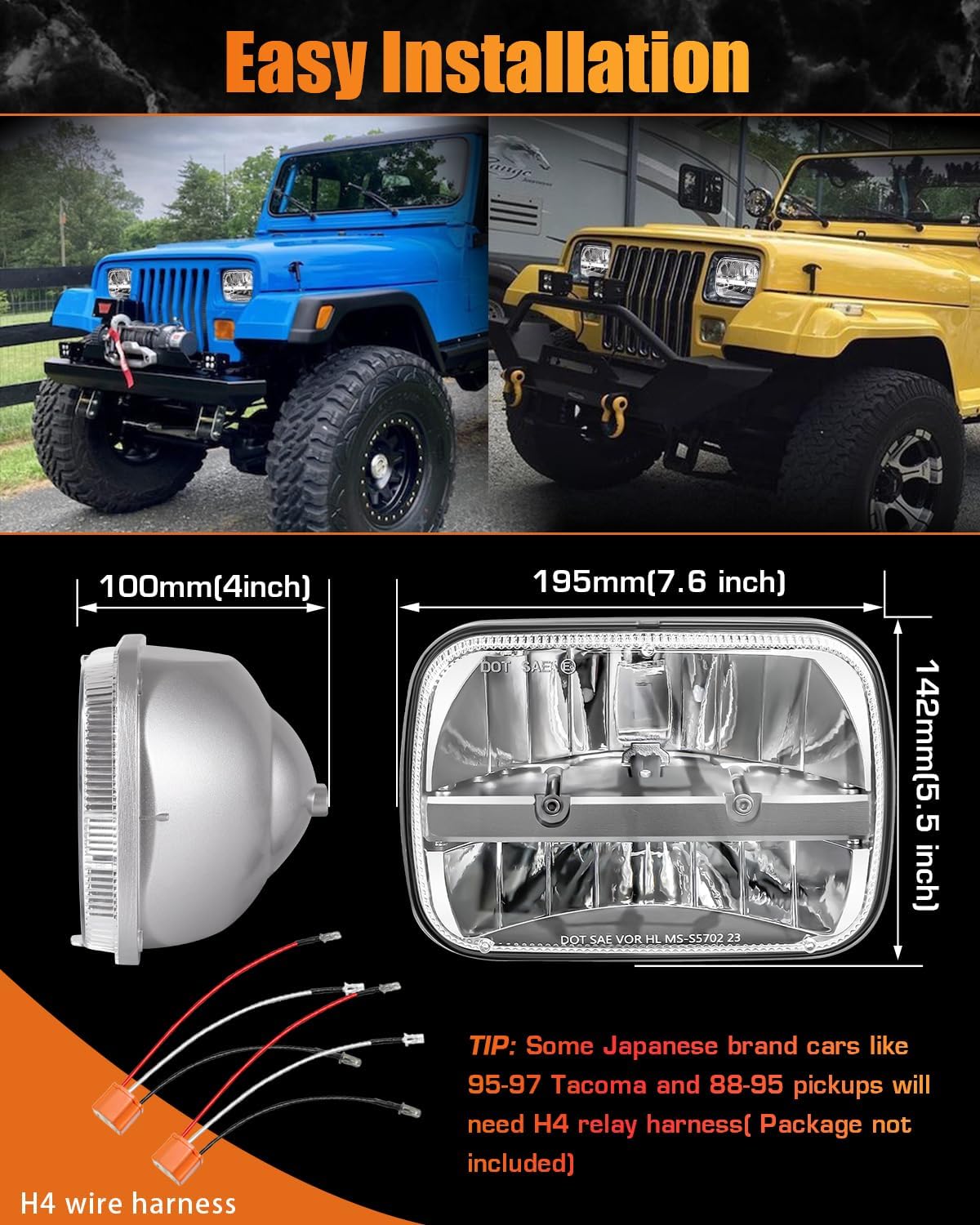 UNI-SHINE 5x7 Chrome led headlight 2pcs 7x6 led headlight Reflector Plug and Play H6054 H5054 Hi/Lo Sealed Beam DOT Approved Compatible with jeep Wrangler YJ Compatible with Cherokee XJ