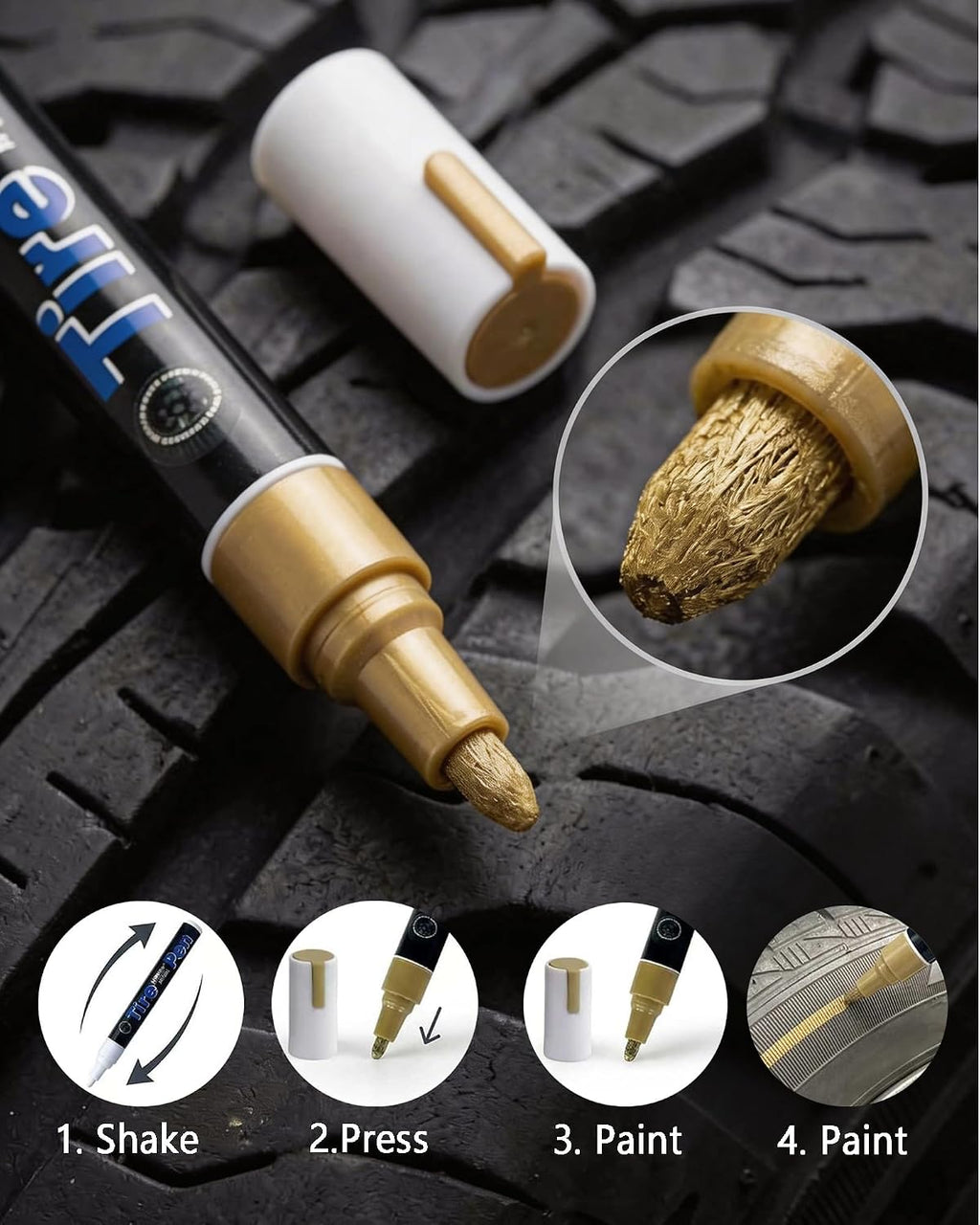 DIY Tire Paint Pen, Tire Lettering Paint Pen & Tyre Pen for Cars, Motorcycles & Bikes, Marker with Curved Tip for Sidewall Marking, 4 Colors (White, Gray, Gold, Green)