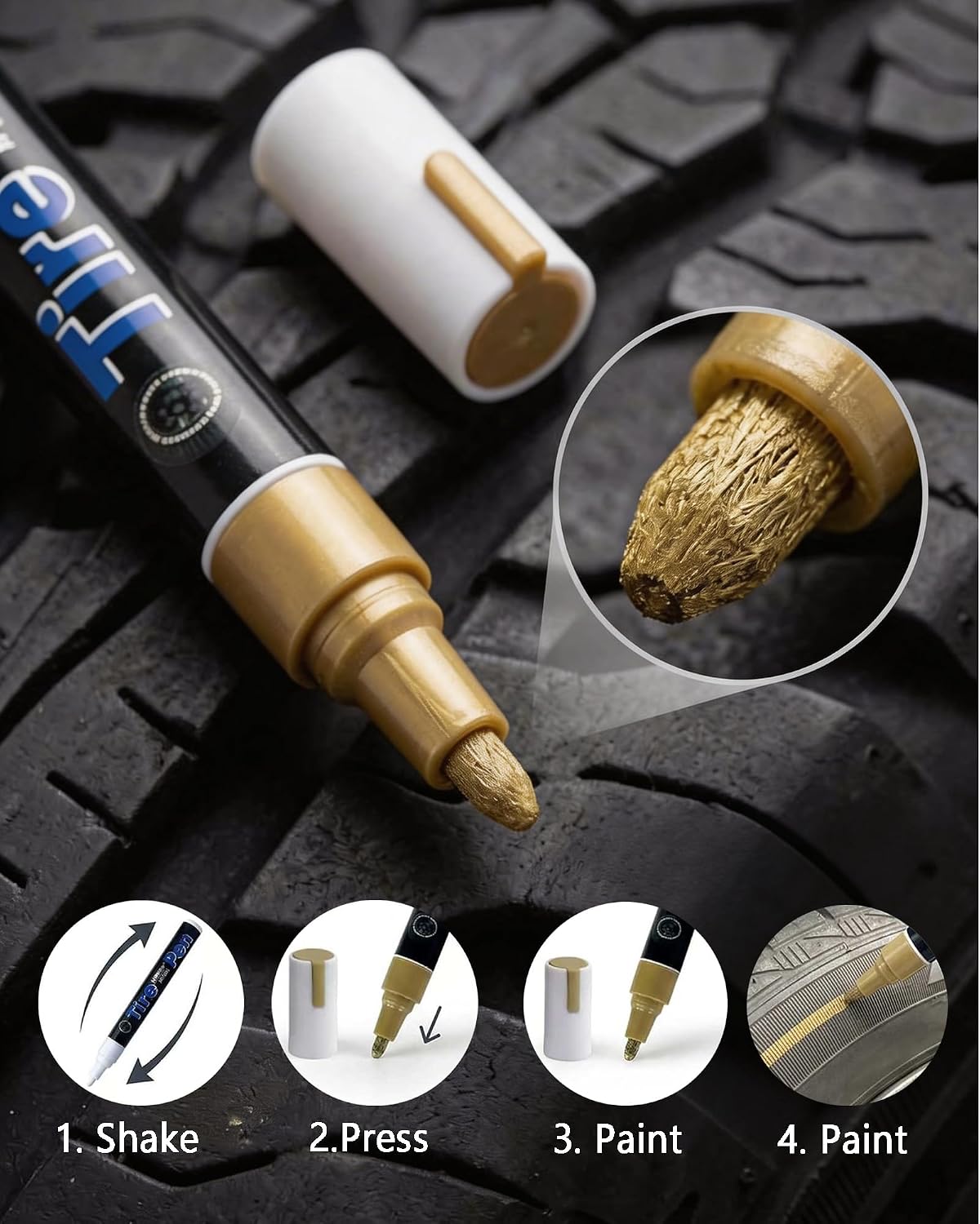 DIY Tire Paint Pen, Tire Lettering Paint Pen & Tyre Pen for Cars, Motorcycles & Bikes, Marker with Curved Tip for Sidewall Marking, 4 Colors (White, Gray, Gold, Green)
