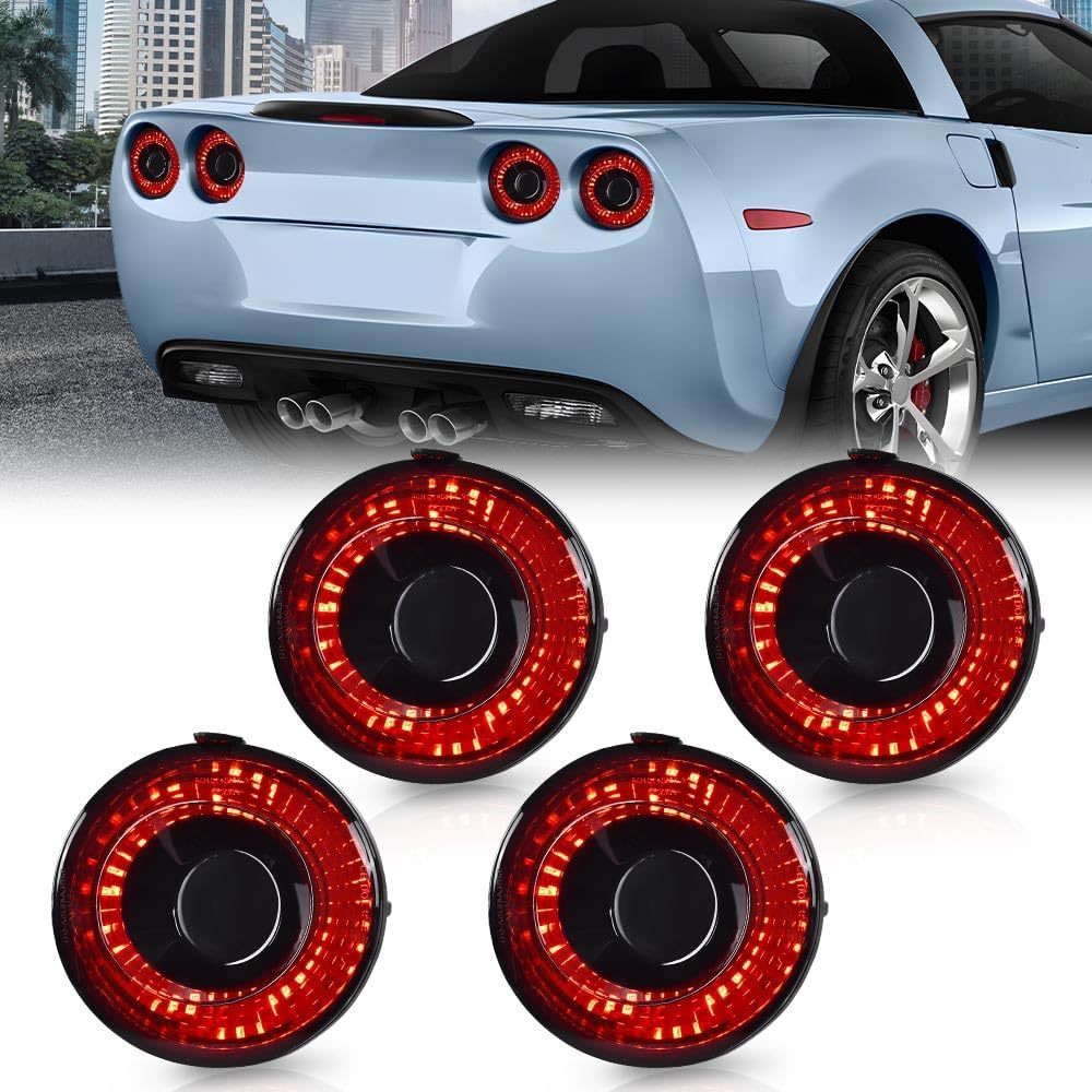 G-PLUS LED Tail Lights Assembly Rear Brake Lamps,Fit For Chevy Corvette C6 Coupe 2005-2013 22762674, 22762675, 25958213, 25958214,luces traseras faros traseros Smoky Lens Black Housing