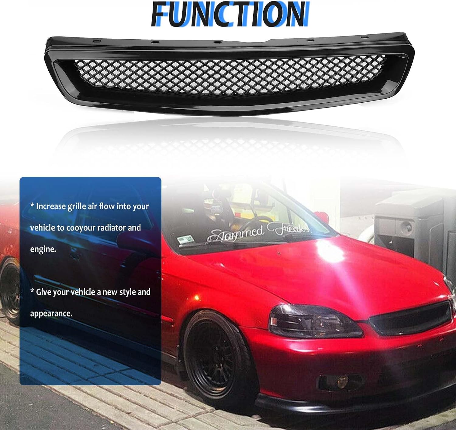 Front Bumper Grille Fit 1999-2000 for Civic Coupe/Sedan JDM Type R ABS Black Mesh Front Upper Grill Guard Replacement Part
