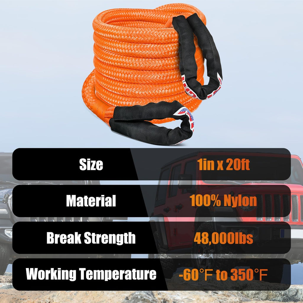Nilight Kinetic Recovery Rope 48000 LBS 1in x 20ft Snatch Strap Heavy Duty Offroad Towing Starp Kit Vehicle Recovery kit for UTV ATV SUV Truck Car Jeep Tractor