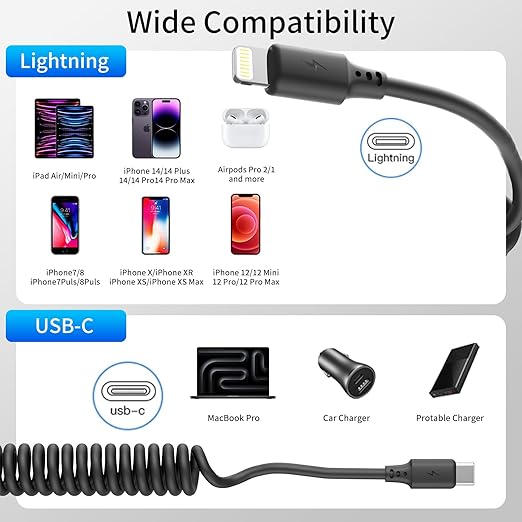 Coiled USB C to Lightning Cable 3FT, 2 Pack Short Car Charger Cord Fast - Image 7