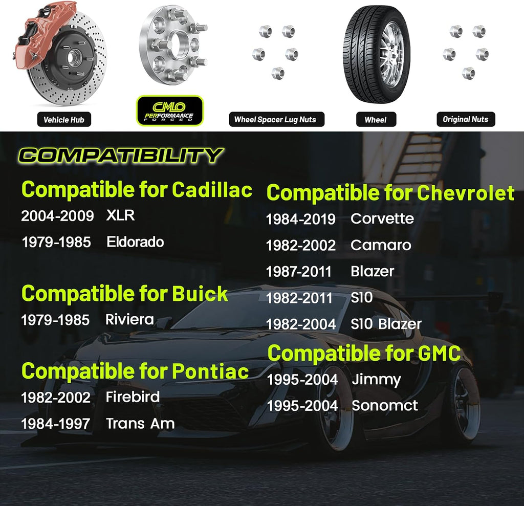 CMO 15mm 5x4.75 Wheel Spacers 70.3mm Hubcentric M12x1.5 Studs 2PCS Forged | 6061-T6, 10.9 Studs, For Chevy Camaro 82-02, Corvette 84-19, Blazer 87-05, S10 82-04, Firebird 82-02, Trans Am 84-97 5x120.7